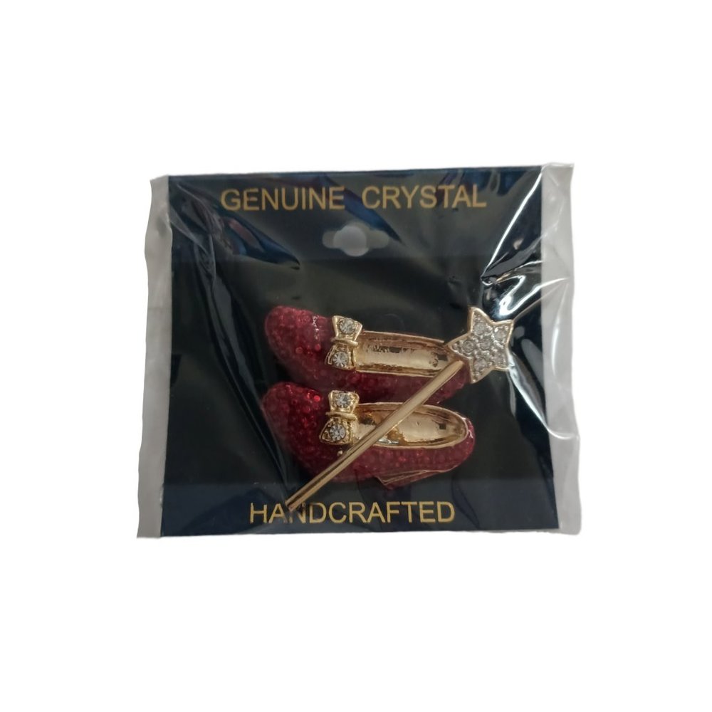 Wizard Of Oz Red Ruby Slippers Gold Tone Broach Pin Hand Crafted Genuine Crystal